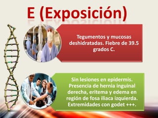 E (Exposición)
Tegumentos y mucosas
deshidratadas. Fiebre de 39.5
grados C.
Sin lesiones en epidermis.
Presencia de hernia inguinal
derecha, eritema y edema en
región de fosa iliaca izquierda.
Extremidades con godet +++.
 