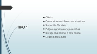 TIPO 1
 Clásico
 Craneosinostosis bicoronal simetrica
 Sindactilia Variable
 Pulgares gruesos artejos anchos
 Inteligencia normal o casi normal
 Llegan Edad adulta
 