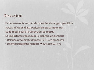 Discusión
• Es la causa más común de obesdad de origen genético
• Pocos niños se diagnostican en etapa neonatal
• Edad media para la detección 36 meses
• Es importante reconocer la disomía uniparental
• Deleción proveniente del padre  C.I. en el 60% >70
• Disomía uniparental materna  9.5% con C.I. > 70
 