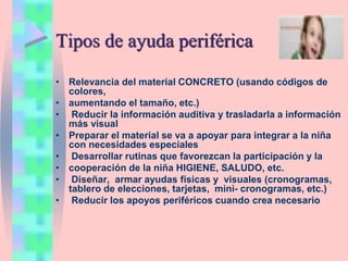 Tipos de ayuda periférica
• Relevancia del material CONCRETO (usando códigos de
colores,
• aumentando el tamaño, etc.)
• Reducir la información auditiva y trasladarla a información
más visual
• Preparar el material se va a apoyar para integrar a la niña
con necesidades especiales
• Desarrollar rutinas que favorezcan la participación y la
• cooperación de la niña HIGIENE, SALUDO, etc.
• Diseñar, armar ayudas físicas y visuales (cronogramas,
tablero de elecciones, tarjetas, mini- cronogramas, etc.)
• Reducir los apoyos periféricos cuando crea necesario
 
