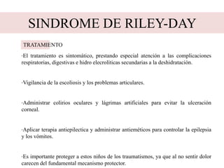 SINDROME DE RILEY-DAY
·El tratamiento es sintomático, prestando especial atención a las complicaciones
respiratorias, digestivas e hidro elecrolíticas secundarias a la deshidratación.
·Vigilancia de la escoliosis y los problemas articulares.
·Administrar colirios oculares y lágrimas artificiales para evitar la ulceración
corneal.
·Aplicar terapia antiepilectica y administrar antieméticos para controlar la epilepsia
y los vómitos.
·Es importante proteger a estos niños de los traumatismos, ya que al no sentir dolor
carecen del fundamental mecanismo protector.
TRATAMIENTO
 