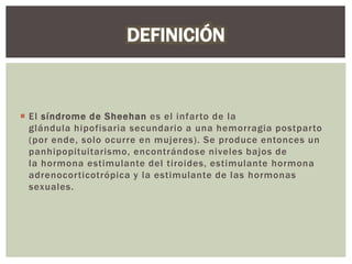  El síndrome de Sheehan es el infarto de la
glándula hipofisaria secundario a una hemorragia postparto
(por ende, solo ocurre en mujeres). Se produce entonces un
panhipopituitarismo, encontrándose niveles bajos de
la hormona estimulante del tiroides, estimulante hormona
adrenocorticotrópica y la estimulante de las hormonas
sexuales.
 