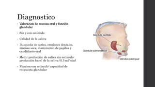 Diagnostico
• Valoracion de mucosa oral y función
glandular
• Sin y con estimulo
• Calidad de la saliva
• Busqueda de caries, erosiones dentales,
mucosa seca, disminución de papilas y
candidiasis oral
• Medir producción de saliva sin estimulo:
producción basal de la saliva (0.5 ml/min)
• Funcion con estimulo: capacidad de
respuesta glandular
 