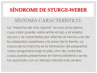 SÍNDROME DE STURGE-WEBER

    SÍNTOMA CARACTERÍSTICO:
La “mancha de vino oporto” es una zona plana
cuyo color puede variar entre el rojo y el violeta
oscuro y se caracteriza por afectar al menos uno de
los párpados superiores y la zona de la frente. La
causa de la mancha es la formación de pequeños
vasos sanguíneos bajo la piel. Uno de cada tres
casos puede presentarse en forma bilateral y se les
ha asociado con un retraso mental mas severo.
 