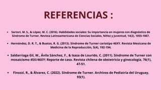 REFERENCIAS :
Sartori, M. S., & López, M. C. (2016). Habilidades sociales: Su importancia en mujeres con diagnóstico de
Síndrome de Turner. Revista Latinoamericana de Ciencias Sociales, Niñez y Juventud, 14(2), 1055-1067.
Hernández, D. R. T., & Bustos, R. G. (2013). Síndrome de Turner cariotipo 46XY. Revista Mexicana de
Medicina de la Reproducción, 5(4), 192-194.
Saldarriaga Gil, W., Ávila Sánchez, F., & Isaza de Lourido, C. (2011). Síndrome de Turner con
mosaicismo 45X/46XY: Reporte de caso. Revista chilena de obstetricia y ginecología, 76(1),
47-51.
Finozzi, R., & Álvarez, C. (2022). Síndrome de Turner. Archivos de Pediatría del Uruguay,
93(1).
 