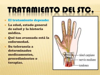 Síntomas del STC.Hormigueo en la mano y en los dedos, especialmente en los dedos pulgar, índice y medio. Dolor en la muñeca, palma de la mano o en el antebrazo. Dificultad para agarrar objetos Debilidad en el pulgar Dificultad para hacer un puño. Sensación de hinchazón en los dedos. Pérdida de fuerza en los dedos. En algunos casos es difícil diferenciar a través del tacto, el frió del calor.