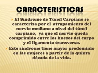 CARACTERISTICASEl Síndrome de Túnel Carpiano se caracteriza por el  atrapamiento del nervio mediano a nivel del túnel carpiano,  ya que el nervio queda comprimido entre los huesos del carpo y el ligamento transverso.Este síndrome tiene mayor predominio en las mujeres a partir de la quinta década de la vida.