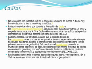Causas

 No se conoce con exactitud cuál es la causa del síndrome de Turner. A día de hoy,
  hay dos teorías: la teoría meiótica y la mitótica:3
 La teoría meiótica afirma que durante la formación del óvulo o
  los espermatozoides(gametogénesis), alguno de ellos pudo haber sufrido un error y
  no portar un cromosoma X. Si el óvulo o el espermatozoide han sufrido esta pérdida
  cromosómica, el individuo contará con dicha ausencia (45, XO)
 La teoría mitótica, por otro lado, postula que la pérdida de uno de
  los cromosomas no se produce en los gametos (óvulo o espermatozoide) sino que
  tiene lugar más tarde, durante el primer periodo del desarrollo embrionario (en las
  primeras semanas de gestación). Esto explicaría el mosaicismo presente en
  muchas de estas pacientes; es decir, la existencia en un mismo individuo de células
  con contenido genético y cromosómico diferente, teniendo poblaciones celulares
  con un solo cromosoma X y poblaciones con dos de ellos (46, XX/45, XO).
 Las investigaciones más recientes apoyan la segunda teoría, y no la primera. En el
  75% de los casos, el cromosoma X inactivado tiene origen paterno.
 
