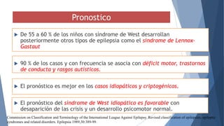Pronostico
 De 55 a 60 % de los niños con síndrome de West desarrollan
posteriormente otros tipos de epilepsia como el síndrome de Lennox-
Gastaut
 90 % de los casos y con frecuencia se asocia con déficit motor, trastornos
de conducta y rasgos autísticos.
 El pronóstico es mejor en los casos idiopáticos y criptogénicos.
 El pronóstico del síndrome de West idiopático es favorable con
desaparición de las crisis y un desarrollo psicomotor normal.
Commission on Classification and Terminology of the International League Against Epilepsy. Revised classification of epilepsies, epileptic
syndromes and related disorders. Epilepsia 1989;30:389-99.
 