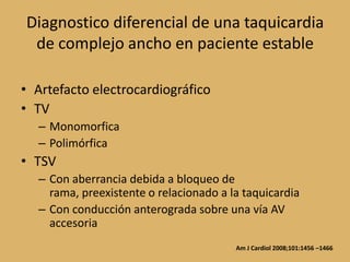 Diagnostico diferencial de una taquicardia de complejo ancho en paciente estableArtefacto electrocardiográficoTVMonomorficaPolimórficaTSVCon aberrancia debida a bloqueo de rama, preexistente o relacionado a la taquicardiaCon conducción anterograda sobre una vía AV accesoriaAm J Cardiol 2008;101:1456 –1466