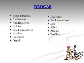 Benzodiazepinas Antibióticos Antidepresivos Cafeína Beta bloqueadores Estatinas Colchicina Digital Diuréticos Antihistamínicos Litio  AINE Alcohol Teofilina DROGAS 