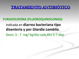 FURAZOLIDONA (FLUOROQUINOLONAS):   Indicada en  diarrea bacteriana tipo disenteria y por  Giardia Lamblia.  Dosis: 5 - 7  mg/ Kg/día cada 6hs 5-7 días TRATAMIENTO ANTIBIÓTICO 