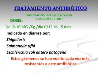 TRIMETROPIM SULFAMETOXAZOL  (BACTRIM-SEPTRIN) DOSIS : De: 8-10 MG./Kg./día C/12 hs - 5 días   Indicado en diarrea por: Shigellosis Salmonella tifhi   Eschlerichia coli entero patógena Estos gérmenes se han vuelto cada vez más resistentes a este antibiótico TRATAMIENTO ANTIBIÓTICO 