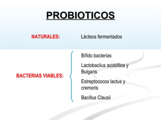NATURALES: Lácteos fermentados
BACTERIAS VIABLES:
Bífido bacterias
Lactobacilus acidófilos y
Bulgaris
Estreptococos lactus y
cremoris
Bacillus Clausii
PROBIOTICOSPROBIOTICOS
 