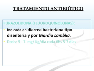 FURAZOLIDONA (FLUOROQUINOLONAS):
• Indicada en diarrea bacteriana tipo
disenteria y por Giardia Lamblia.
• Dosis: 5 - 7 mg/ Kg/día cada 6hs 5-7 días
TRATAMIENTO ANTIBIÓTICOTRATAMIENTO ANTIBIÓTICO
 