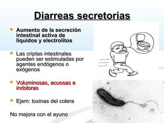 Diarreas secretoriasDiarreas secretorias
 Aumento de la secreciónAumento de la secreción
intestinal activa deintestinal activa de
líquidos y electrolitoslíquidos y electrolitos
 Las criptas intestinalesLas criptas intestinales
pueden ser estimuladas porpueden ser estimuladas por
agentes endógenos oagentes endógenos o
exógenosexógenos
 Voluminosas, acuosas eVoluminosas, acuosas e
indolorasindoloras
 Ejem: toxinas del coleraEjem: toxinas del colera
No mejora con el ayunoNo mejora con el ayuno
 