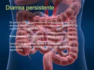 Diarrea persistente
Se asocia al 10%, generalmente es parasitaria, pero se
asocia a otras causas: intestino irritable, hipertiroidismo, sx
carcinoide, fármacos, etc.
Inusualmente tarda largos periodos (al menos 14 días).
Inicia como un cuadro agudo o disentérico, una vez
iniciado es difícil de quitar. Se pierde peso de manera
significante.
 