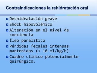 Contraindicaciones la rehidratación oral
 Deshidratación grave
 Shock hipovolémico
 Alteración en el nivel de
conciencia
 Íleo paralítico
 Pérdidas fecales intensas
mantenidas (> 10 ml/kg/h)
 Cuadro clínico potencialmente
quirúrgico.
 