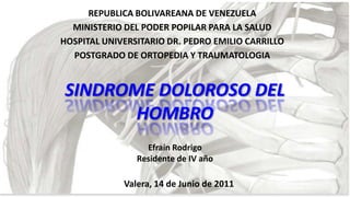 REPUBLICA BOLIVAREANA DE VENEZUELA
MINISTERIO DEL PODER POPILAR PARA LA SALUD
HOSPITAL UNIVERSITARIO DR. PEDRO EMILIO CARRILLO
POSTGRADO DE ORTOPEDIA Y TRAUMATOLOGIA

SINDROME DOLOROSO DEL
HOMBRO
Efraín Rodrigo
Residente de IV año

Valera, 14 de Junio de 2011

 