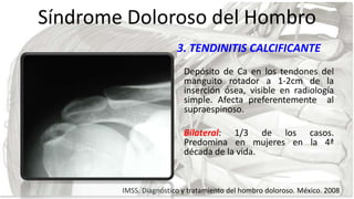 Síndrome Doloroso del Hombro
3. TENDINITIS CALCIFICANTE
1.

Depósito de Ca en los tendones del
manguito rotador a 1-2cm de...