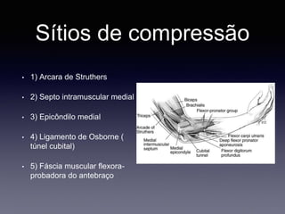 Sítios de compressão
• 1) Arcara de Struthers
• 2) Septo intramuscular medial
• 3) Epicôndilo medial
• 4) Ligamento de Osborne (
túnel cubital)
• 5) Fáscia muscular flexora-
probadora do antebraço
 