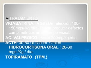 ➢TRATAMIENTO:
VIGABATRINA. (VGB):De elección 100-
150mgs/ kg /día. Puede producir defectos
campimétricos en el campo visual.
AC. VALPROICO: Hasta 200mg/kg./día.
ACTH: 30-50 UI Día im. O bien
HIDROCORTISONA ORAL : 20-30
mgs./Kg./ día.
TOPIRAMATO (TPM.)
 