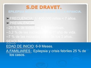 S.DE DRAVET.
EPILEPSIA MIOCLONICA GRAVE DE LA INFANCIA.
➢FRECUENCIA: 1/ 400.000 niños < 7 años.
➢PREVALENCIA:
--29,5 % de todas las E. Mioclónicas.
--3,2 % de las iniciadas en el 1º año de vida.
--7 % de las iniciadas antes de los 3 años.
SEXO: No influencia.
EDAD DE INICIO: 6-9 Meses.
A.FAMILIARES : Epilepsia y crisis febriles 25 % de
los casos.
 