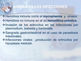 ANEMIA EN LAS INFECCIONES Hemólisis inmune como el  mycoplasma   y  viriasis. Hemólisis no inmune en el sd  hemolítico-urémico . Invasión de los eritrocitos en las infecciones por plasmodium, babesia y bartonella. Sangrado gastrointestinal en el caso de parasitosis intestinales. Infecciones virales:  ↓ producción de eritrocitos por hipoplasia medular. 