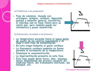 Etapas evolutivas en el Síndrome febril 
a) Prodrómica o de preparación 
 Fase de comienzo .Sucede con: 
artralgias, mialgias, cefaleas, depresión, 
palidez y malestar general, escalofríos, 
el individuo aún no tiene fiebre pero se 
siente mal, pero también puede ser 
sintomática y pasar inadvertida. 
b) Estacionaria, de estado o de bochorno 
 La temperatura asciende hasta el nuevo punto 
de ajuste de los centros reguladores y se 
llega a esta fase de estabilización. 
 En esta etapa:Aumenta el gasto cardíaco 
 La frecuencia cardiaca aumenta en forma 
paralela al incremento de la temperatura. 
 Disminuye la vasoconstricción. 
 La hiperventilación presente en esta fase 
 Esta fase puede durar horas, días, semanas, 
meses dependiendo del proceso causante del 
síndrome febril, del tratamiento instituido, del 
huésped, etc. 
I/O Alejandra Ruidias Seminario 
 