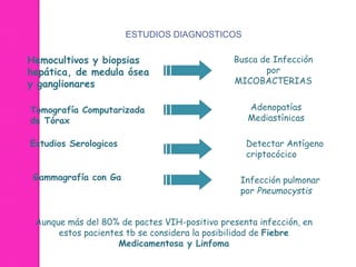 ESTUDIOS DIAGNOSTICOS 
Hemocultivos y biopsias 
hepática, de medula ósea 
y ganglionares 
Busca de Infección 
por 
MICOBACTERIAS 
Tomografía Computarizada 
de Tórax 
Adenopatías 
Mediastínicas 
Estudios Serologicos Detectar Antígeno 
criptocócico 
Gammagrafía con Ga Infección pulmonar 
por Pneumocystis 
Aunque más del 80% de pactes VIH-positivo presenta infección, en 
estos pacientes tb se considera la posibilidad de Fiebre 
Medicamentosa y Linfoma 
 