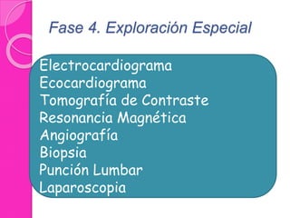 Fase 4. Exploración Especial 
Electrocardiograma 
Ecocardiograma 
Tomografía de Contraste 
Resonancia Magnética 
Angiografía 
Biopsia 
Punción Lumbar 
Laparoscopia 
 