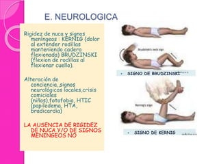 E. NEUROLOGICA 
Rigidez de nuca y signos 
meníngeos : KERNIG (dolor 
al extender rodillas 
manteniendo cadera 
flexionada) BRUDZINSKI 
(flexion de rodillas al 
flexionar cuello). 
Alteración de 
conciencia,,signos 
neurológicos locales,crisis 
comiciales 
(niños),fotofobia, HTIC 
(papiledema, HTA, 
bradicardia) 
LA AUSENCIA DE RIGIDEZ 
DE NUCA Y/O DE SIGNOS 
MENINGEOS NO 
 SIGNO DE BRUDZINSKI 
 SIGNO DE KERNIG 
 