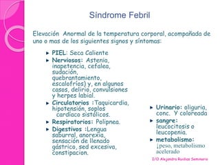 Síndrome Febril 
Elevación Anormal de la temperatura corporal, acompañada de 
uno o mas de los siguientes signos y síntomas: 
I/O Alejandra Ruidias Seminario 
PIEL: Seca Caliente 
Nerviosos: Astenia, 
inapetencia, cefalea, 
sudación, 
quebrantamiento, 
escalofríos) y, en algunos 
casos, delirio, convulsiones 
y herpes labial. 
Circulatorios :Taquicardia, 
hipotensión, soplos 
cardíaco sistólicos. 
Respiratorios: Polipnea. 
Digestivos :Lengua 
saburral, anorexia, 
sensación de llenado 
gástrico, sed excesiva, 
constipacion. 
Urinario: oliguria, 
conc. Y coloreada 
sangre: 
leucocitosis o 
leucopenia. 
metabolismo: 
↓peso, metabolismo 
acelerado 
 