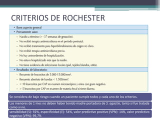 CRITERIOS DE ROCHESTER




Se considera de bajo riesgo cuando un paciente cumple todos y cada uno de los criterios.
Los menores de 1 mes no deben haber tenido madre portadora de S. agactie, tanto si fue tratada
como si no.
sensibilidad (S): 92%, especificidad (E): 54%, valor predictivo positivo (VPN): 14%, valor predictivo
negativo (VPN): 99,7%
 