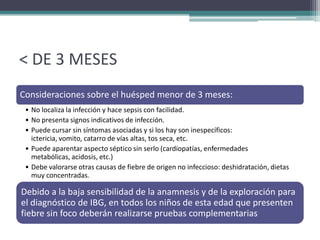 < DE 3 MESES
Consideraciones sobre el huésped menor de 3 meses:
 • No localiza la infección y hace sepsis con facilidad.
 • No presenta signos indicativos de infección.
 • Puede cursar sin síntomas asociadas y si los hay son inespecíficos:
   ictericia, vomito, catarro de vías altas, tos seca, etc.
 • Puede aparentar aspecto séptico sin serlo (cardiopatías, enfermedades
   metabólicas, acidosis, etc.)
 • Debe valorarse otras causas de fiebre de origen no infeccioso: deshidratación, dietas
   muy concentradas.

Debido a la baja sensibilidad de la anamnesis y de la exploración para
el diagnóstico de IBG, en todos los niños de esta edad que presenten
fiebre sin foco deberán realizarse pruebas complementarias
 