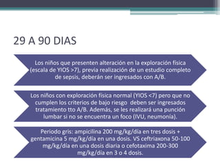 29 A 90 DIAS
     Los niños que presenten alteración en la exploración física
   (escala de YIOS >7), previa realización de un estudio completo
             de sepsis, deberán ser ingresados con A/B.

   Los niños con exploración física normal (YIOS <7) pero que no
     cumplen los criterios de bajo riesgo deben ser ingresados
     tratamiento tto A/B. Además, se les realizará una punción
        lumbar si no se encuentra un foco (IVU, neumonía).

      Periodo gris: ampicilina 200 mg/kg/día en tres dosis +
   gentamicina 5 mg/kg/día en una dosis. VS ceftriaxona 50-100
       mg/kg/día en una dosis diaria o cefotaxima 200-300
                     mg/kg/día en 3 o 4 dosis.
 
