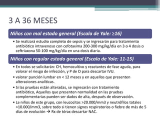 3 A 36 MESES
Niños con mal estado general (Escala de Yale: ≥16)
 • Se realizará estudio completo de sepsis y se ingresarán para tratamiento
   antibiótico intravenoso con cefotaxima 200-300 mg/kg/día en 3 o 4 dosis o
   ceftriaxona 50-100 mg/kg/día en una dosis diaria.

Niños con regular estado general (Escala de Yale: 11-15)
 • En todos se solicitarán: CH, hemocultivo y reactantes de fase aguda, para
   valorar el riesgo de infección, y P de O para descartar IVU.
 • valorar punción lumbar en < 12 meses y en aquellos que presenten
   alteraciones analíticas.
 • Si las pruebas están alteradas, se ingresarán con tratamiento
   antibiótico, Aquellos que presenten normalidad en las pruebas
   complementarias pueden ser dados de alta, después de observación.
 • La niños de este grupo, con leucocitos >20.000/mm3 y neutrófilos totales
   >10.000/mm3, sobre todo si tienen signos respiratorios o fiebre de más de 5
   días de evolución  Rx de tórax descartar NAC.
 
