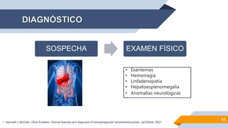 13
• Kenneth L McClain, Olive Eckstein. Clinical features and diagnosis of hemophagocytic lymphohistiocytosis. UpToDate. 2021
SOSPECHA EXAMEN FÍSICO
• Exantemas
• Hemorragia
• Linfadenopatía
• Hepatoesplenomegalia
• Anomalías neurológicas
 