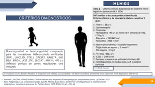 14
• Kenneth L McClain, Olive Eckstein. Clinical features and diagnosis of hemophagocytic lymphohistiocytosis. UpToDate. 2021
• Itziar Astigarraga, Luis Gonzalez-Granado, Luis M. Allende, Laia Alsina. Síndromes hemofagocíticos: la importancia del
diagnóstico y tratamiento precoces. An Pediatr (Barc). 2018; 89(2):124.e1---124.e8
Si ni sCD25 ni CXCL9 están elevados, el diagnóstico de HLH es poco probable y se deben considerar seriamente otros trastornos en el diagnóstico diferencial.
9. CXCL9 elevado
Homocigosidad o heterocigosidad compuesto
para las mutaciones HLH-asociado verificadas
(PRF1 , UNC13D , STX11 , STXBP2 , RAB27A , SH2
D1A , BIRC4 , LYST , ITK , SLC7A7 , XMEN , HPS ) o
defectos génicos de genes reguladores otra
inmunes
CRITERIOS DIAGNÓSTICOS
HLH-04
 