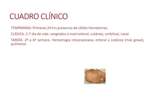 CUADRO CLÍNICO
TEMPARANA: Primeras 24 hrs presencia de céfalo-hematomas.
CLÁSICA: 2-7 día de vida: sangrados a nivel enteral, cutáneo, umbilical, nasal.
TARDÍA: 2ª a 6ª semana. Hemorragia intracraneana, enteral y cutánea (más grave),
pulmonar.
 