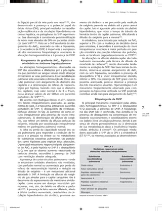 P.P. Ferreira, C.C. Zollinger, P.L. Bittencourt




         da ligação parcial da veia porta em ratos(25-26), têm      mento da distância a ser percorrida pela molécula
         demonstrado a presença e o potencial papel do              de oxigênio presente no alvéolo até a parte central
         óxido nítrico (ON), principal mediador da vasodila-        do capilar. Isso é agravado pelo estado circulatório
         tação esplâncnica e da circulação hiperdinâmica na         hiperdinâmico, que reduz o tempo de trânsito da
         cirrose hepática, na patogênese da SHP experimen-          hemácia dentro do capilar pulmonar, dificultando a
         tal. Essa observação é corroborada pela identificação      difusão do oxigênio para a mesma(22).
         de níveis mais elevados de ON em pacientes cirróti-           A ortodeóxia, caracterizada por redução na PaO2
         cos com SHP(27-29). Visto ser a SHP resultante do alar-    superior a 5% com a mudança de decúbito dorsal
         gamento do AaO2, associado ou não a hipoxemia,             para ortostase, é secundária à acentuação do shunt
         e da ocorrência de DVIP, é importante a compreen-          intrapulmonar associado à maior perfusão em posi-
         são dos mecanismos fisiopatológicos associados às          ção ortostática das porções inferiores dos pulmões,
         alterações hemogasométricas e à presença de DVIP.          onde se localizam preponderantemente as DVIP(33).
                                                                       As alterações na difusão alvéolo-capilar são habi-
             Alargamento do gradiente AaO2 , hipóxia e              tualmente mensuradas pela técnica de difusão de
              ortodeóxia na síndrome hepatopulmonar                 monóxido de carbono(33), sendo observadas tardia-
            As alterações hemogasométricas observadas na            mente na evolução da SHP. Nas fases iniciais da sín-
         SHP são secundárias a dilatações pré e pós-capila-         drome, observa-se apenas alargamento do AaO2
         res que permitem ao sangue venoso misto alcançar           com ou sem hipoxemia, secundário à presença de
         diretamente as veias pulmonares. Essa vasodilatação        desequilíbrio V/ Q e shunt intrapulmonar discreto,
         pulmonar está associada à diminuição do tônus vas-         inferior a 10%. Na presença de SHP grave com hi-
         cular pulmonar com alargamento do diâmetro dos             poxemia acentuada, pode-se observar a presença
         capilares e à deterioração do reflexo de vasocons-         dos três mecanismos atuantes. Hiperventilação é um
         trição por hipóxia, fazendo com que o diâmetro             mecanismo freqüentemente observado para com-
         dos capilares, cujo valor normal é de 8 a 15µm,            pensação da hipoxemia verificada na SHP, podendo
         possa alcançar valores de até 500µm em pacientes           contribuir ainda mais para alargamento do AaO2(2,22).
         portadores de SHP(30-31).
            De acordo com Rodriguez-Roisin et al.(2), existem                        Etiopatogenia da DVIP
         três fatores intrapulmonares associados ao alarga-           O principal mecanismo responsável pelas altera-

                                                                                                                                                            7
         mento do AaO2 e à hipoxemia arterial nos pacientes         ções hemogasométricas na SHP é o desequilíbrio
         portadores de SHP: 1) desequilíbrio da ventilação-         V/ Q associado à presença de DVIP. A fisiopatoge-
         perfusão alveolar (V/ Q); 2) aumento do curto-cir-         nia das DVIP não é conhecida, mas acredita-se na
                                                                                                                                                            GED 2008
         cuito intrapulmonar pela presença de shunts intra-         presença de desequilíbrio na concentração de me-                                        27(1):5-13
         pulmonares; 3) deterioração da difusão do oxigê-           diadores vasoconstritores e vasodilatadores sistêmi-
         nio, que reflete um defeito da difusão-perfusão do         cos (tabela 3) na circulação pulmonar, devido à pre-
         oxigênio, induzida por vasodilatação intrapulmonar         sença de shunts portossistêmicos ou à diminuição
         mesmo em parênquima pulmonar normal.                       de sua metabolização dada a insuficiência hepato-
            A falha ou perda da capacidade natural dos va-          celular, atribuída à cirrose(9). Os principais media-
         sos pulmonares para responder a condições de hi-           dores associados à SHP são o ON e a endotelina-1
         póxia e o prejuízo na síntese ou no metabolismo            (ET-1)(2,34), os mesmos associados ao desenvolvimen-
         de substâncias vasoativas pulmonares são postula-
         dos como hipóteses para explicar essas alterações.
         O principal mecanismo responsável pelo alargamen-
                                                                                                TABELA 3
         to do AaO2 e pela hipóxia na SHP é o desequilíbrio
                                                                                      Mediadores responsáveis pelas
         V/ Q, em que se observa aumento exacerbado da                            dilatações vasculares intrapulmonares
         perfusão alveolar, secundário à presença de DVIP
         com ventilação alveolar adequada.                                     Substâncias                                     Substâncias
            A presença de curtos-circuitos pulmonares – onde                 vasodilatadoras                                 vasoconstritoras
                                                                               pulmonares                                      pulmonares
         se encontram unidades alveolares não ventiladas,
         com perfusão normal ou aumentada, por perda do               Óxido nítrico                                           Endotelina-1
         reflexo de vasoconstrição hipóxica e redução na              Fator natriurético atrial                               Tirosina
         difusão de oxigênio – é um mecanismo adicional               Peptídeo relacionado ao                                 Serotonina
         associado à SHP. A limitação na difusão do oxigê-            gene da calcitonina
         nio do gás alveolar para o capilar sanguíneo não é           Neurocinina A                                           Prostaglandinas
         decorrente do espessamento da membrana alvéolo-
                                                                      Peptídeo vasoativo intestinal                           Angiotensina I
         capilar, como ocorre em doenças intersticiais pul-
                                                                      Substância P
         monares, mas, sim, de defeito na difusão e perfu-
         são(8,32). A presença de leito vascular dilatado, aliado     Fator ativador de plaquetas
         a débito cardíaco aumentado, característico da cir-          Glucagon
         culação hiperdinâmica do cirrótico, promove au-            Adaptado de Krowka e Cortese, 1996(60).




síndrome.pmd                   7                                                             12/03/08, 10:12
 
