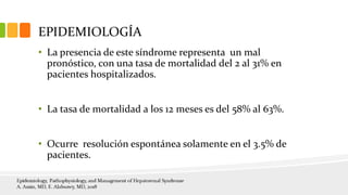 EPIDEMIOLOGÍA
• La presencia de este síndrome representa un mal
pronóstico, con una tasa de mortalidad del 2 al 31% en
pacientes hospitalizados.
• La tasa de mortalidad a los 12 meses es del 58% al 63%.
• Ocurre resolución espontánea solamente en el 3.5% de
pacientes.
 
