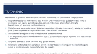 TRATAMIENTO
Depende de la gravedad de los síntomas, la causa subyacente y la presencia de complicaciones.
1. Terapia farmacológica: Primera línea es a menudo una combinación de glucocorticoides, como la
prednisona, y un agente quimioterapéutico, como la Hidroxiurea o la melfalan. (1 mg/kg
de prednisona y 1 gramo de metilprednisolona )
2. EGPA (es decir, asma, enfermedad de los senos nasales, infiltrados pulmonares) y afectación orgánica
grave que no responden a los glucocorticoides ciclofosfamida o rituximab.
3. Medicamentos biológicos: Como el mepolizumab o el benralizumab
1. Se dirigen a una proteína llamada interleucina-5 (IL-5), que desempeña un papel importante en la producción de
eosinófilos.
4. Trasplante de médula ósea: En casos muy graves de SHE
5. Tratamiento sintomático: Por ejemplo en enfermedad cardíaca pueden requerir medicamentos para
reducir la presión arterial o mejorar la función del corazón
recuento de eosinófilos generalmente cae dramáticamente (p. ej., en más del 50 por ciento del valor original) dentro de las 24 horas o permanece igual (sin respuesta).
 