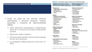  Puede ser parte de una reacción sistémica
generalizada a fármacos (erupción cutánea,
eosinofilia, y síndrome de hipersensibilidad
DRESS).
 Fiebre, alteraciones hematológicas y linfadenopatías
dentro de 4-12 semanas de iniciado el medicamento
causante.
 Neumonitis, carditis y hepatitis.
 Síntomas pueden persistir durante semanas después
del cese de la medicación.
 La mortalidad en DRESS puede ser tan alta como 10-
20%.9
 