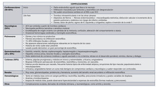 COMPLICACIONES
COMPLICACIONES
Cardiovasculares
(40-60%)
Inicio • Daño endocárdico agudo que lleva a la necrosis
• Infiltración miocárdica por linfocitos y eosinófilos con desgranulación
• No suelen encontrarse cambios en el EKG o por ECC
2da fase • Trombos intraventriculares o en las otras cámaras
• Depósitos de fibrina -- fibrosis endomiocárdica --miocardiopatía restrictiva, disfunción valvular e incremento de la
presión pulmonar y sistémica con riesgo de infarto y embolias.
• Disnea, dolor de pecho, signos de IC izquierda y congestiva, soplos e inversión de la onda T.
Neurológicas
(50%)
• ACV por embolia a partir de trombos cardíacos
• Neuropatía periférica (sensitiva o sensitivo-motora)
• Encefalopatía de origen incierto con pérdida de la memoria, confusión, alteración del comportamiento o ataxia.
• Ocasional hemorragias cerebrales y meningitis eosinofílicas.
Pulmonares • Disnea y tos crónica no productiva
• Fibrosis secundaria a la infiltración eosinofílica.
• 15-30% Infiltrados focales o difusos
• No aparecen alteraciones radiológicas relevantes en la mayoría de los casos
• Historia de rinitis suele estar presente
• Lavado puede demostrar un gran porcentaje de eosinófilos.
Gastrointestinale
(20 a 40%)
• Gastritis, enteritis, diarrea, esplenomegalia, hepatomegalia o hepatoesplenomegalia.
• Hepatitis crónica activa, lesiones focales y colangitis eosinofílica.
• Dolor abdominal de comienzo insidioso o agudo asociado o no a ictericia, retraso en el desarrollo ponderal, vómitos, diarrea y disfagia
Cutáneas (50%) • Eritema, pápulas pruriginosas y nódulos en tronco y extremidades, urticaria y angioedema
• Biopsias Infiltración perivascular de eosinófilos, neutrófilos y monocitos, sin vasculitis.
• Intenso prurito lesiones por rascado, frecuente historia típica de enfermedad atópica y erupciones de tipo macular, papulovesiculares o
maculopapulares.
• Urticaria y angioedema tienen un curso más benigno sin compromiso cardíaco y neurológico y suelen responder con corticoides.
Renales • Muy raras, glomerulopatías, proteinuria y hematuria, aumento del tamaño renal secundario a infiltración eosinofílica
Hematológicas • Tanto en médula ósea como en sangre periférica: neutrofilia, basofilia, precursores inmaduros y grados variables de displasia.
• Anemia y trombocitopenia.
• biopsia de médula ósea, puede observarse hipercelularidad a expensas de eosinofilia (formas maduras y precursores).
Otras • Complicaciones oculares, derivadas de embolia retiniana, y reumatológicas. como artritis y sinovitis.
 