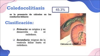 Coledocolitiasis
Clasificación:
q Primaria: se origina y se
desarrolla en el
colédoco.
q Secundaria: migran de la
vesícula biliar hasta el
colédoco.
es la presencia de cálculos en los
conductos biliares
45.3%
 
