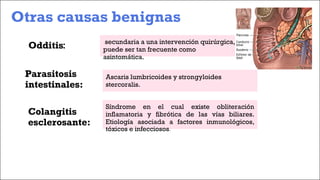Otras causas benignas
Colangitis
esclerosante:
Síndrome en el cual existe obliteración
inflamatoria y fibrótica de las vías biliares.
Etiología asociada a factores inmunológicos,
tóxicos e infecciosos.
Parasitosis
intestinales:
Ascaris lumbricoides y strongyloides
stercoralis.
Odditis: secundaria a una intervención quirúrgica,
puede ser tan frecuente como
asintomática.
 