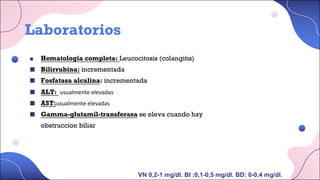 Laboratorios
■ Hematologia completa: Leucocitosis (colangitis)
■ Bilirrubina: incrementada
■ Fosfatasa alcalina: incrementada
■ ALT: usualmente elevadas
■ AST:usualmente elevadas
■ Gamma-glutamil-transferasa se eleva cuando hay
obstruccion biliar/PTT, COLESTEROL, VSG.
VN 0,2-1 mg/dl. BI :0,1-0,5 mg/dl. BD: 0-0,4 mg/dl.
 