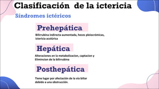 Síndromes ictéricos
Bilirrubina indirecta aumentada, heces pleiocrómicas,
ictericia acolúrica
Alteraciones en la metabolizacion, captacion y
Elimincion de la bilirrubina eliminacion de la
bilirrubina.
Tiene lugar por afectación de la vía biliar
debido a una obstrucción.
Prehepática
Hepática
Posthepática
Clasificación de la ictericia
 