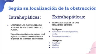 Intrahepáticas: Extrahepáticas:
● SE PUEDEN DIVIDIR EN DOS
GRANDRES GRUPOS:
Malignos:
● Tumores de la vía biliar proximal y
media.
● Tumores periampulares
Benignos:
● Hepáticas
● Vía Biliar
● Páncreas
● LESIÓN DE LOS CONDUCTILLOS
BILIARES AL NIVEL DEL ESPACIO
PORTA.
Hepatitis colestásicas de origen viral
agudas o crónicas, o secundarias a
ingestión de fármacos colestásicos.
Según su localización de la obstrucción
 